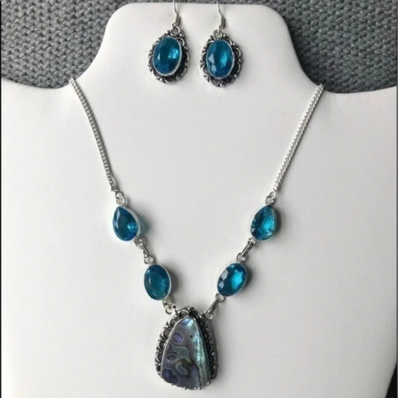 Abalone Blue Topaz 925 Sterling Silver Necklace Elegant Earring Set - Picture 1 of 6